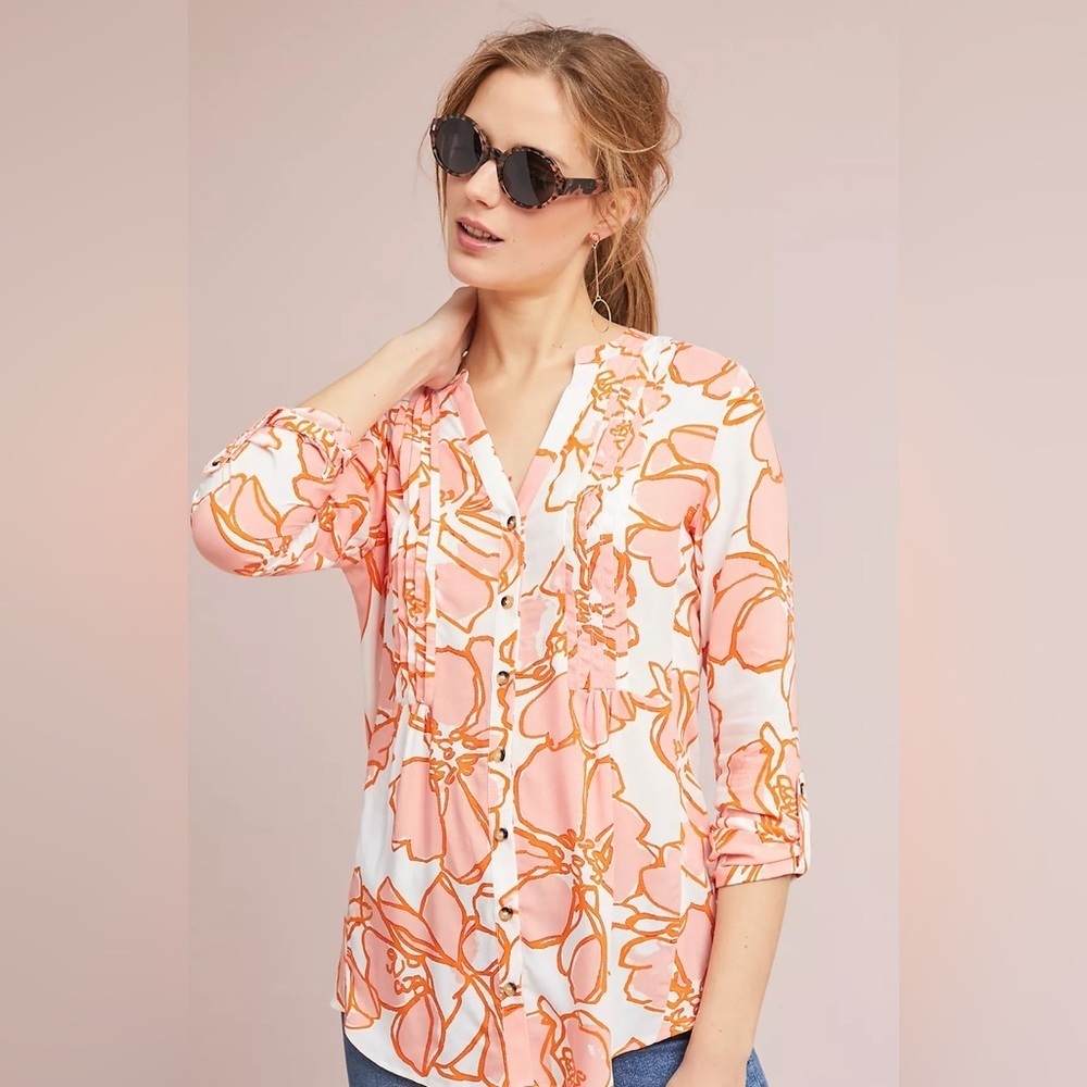 Maeve Anthropologie Pintucked Floral Buttondown XS